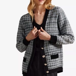 EUC | TED BAKER Carmein checked V-neck easy fit knitted tweed cardigan